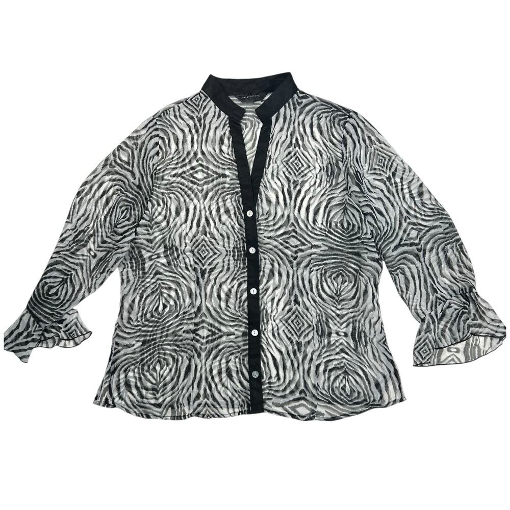 Investments Sz S Sheer Black White Ruffle Zebra Swirl Mesh Button Y2K Grunge